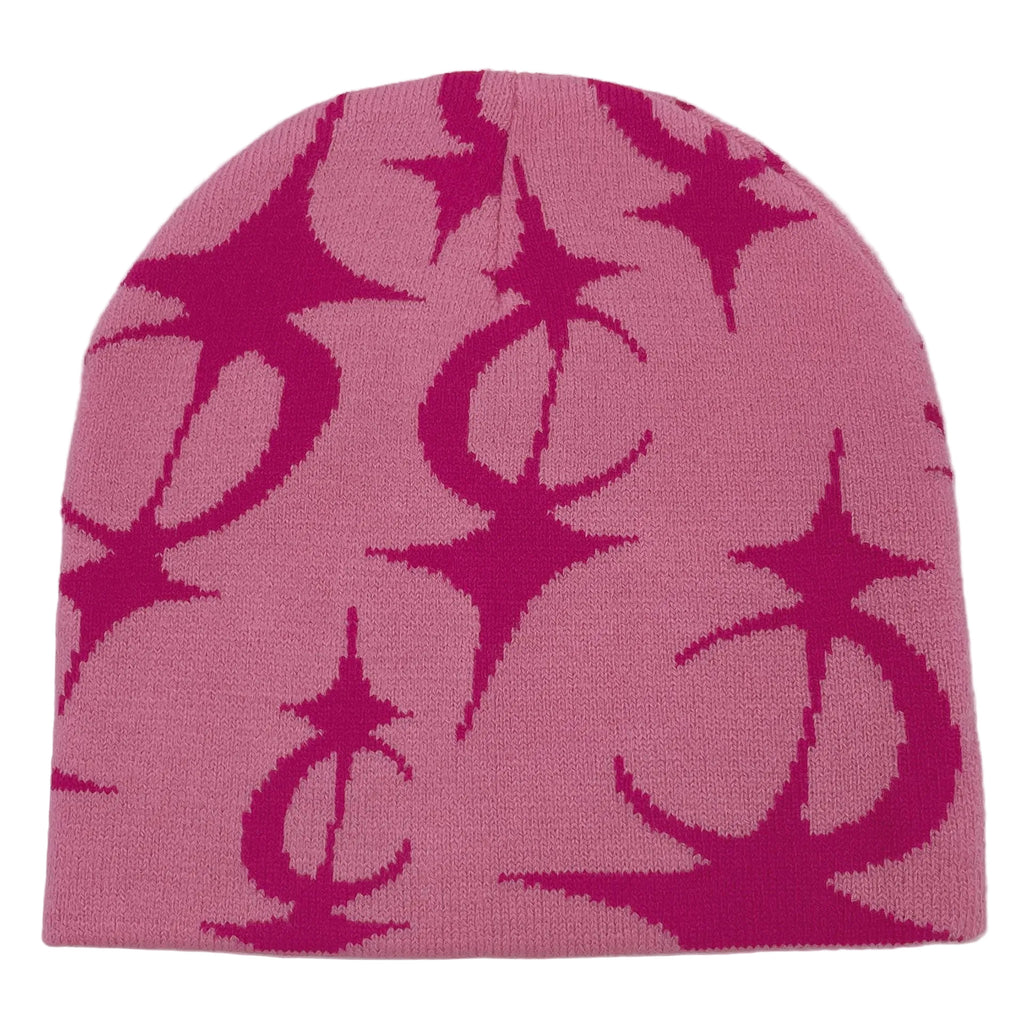 Pink beanie with star pattern on a model 